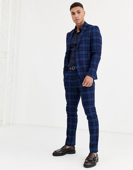 Avail London skinny suit in blue tartan check