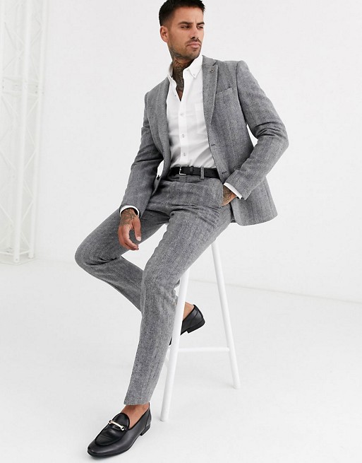 Avail London skinny suit in grey herringbone tweed