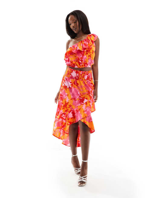 AX Paris - Coordinato con top monospalla con volant e gonna arancione e rosa a fiori