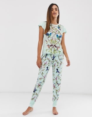 B By Ted Baker – Highgrove – Jersey-Pyjamaset in Minzgrün mit Vogelmuster
