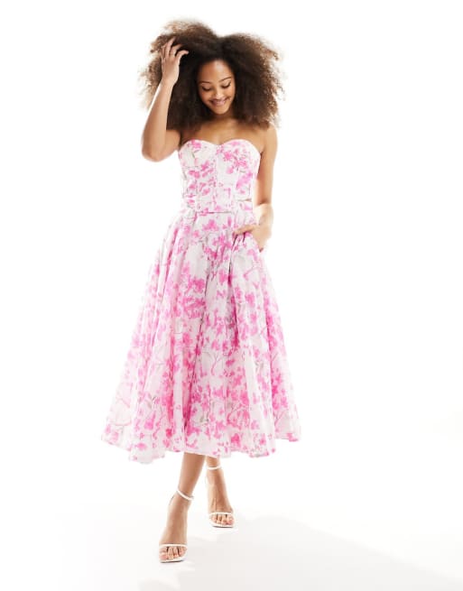 Bardot corset crop top and skirt co ord in pink floral