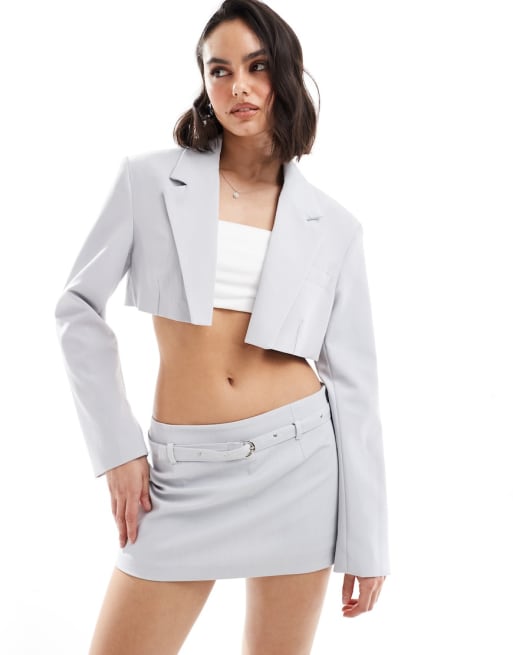 Bershka belted skort and blazer set in pale gray