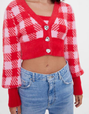 pink and red cardigan