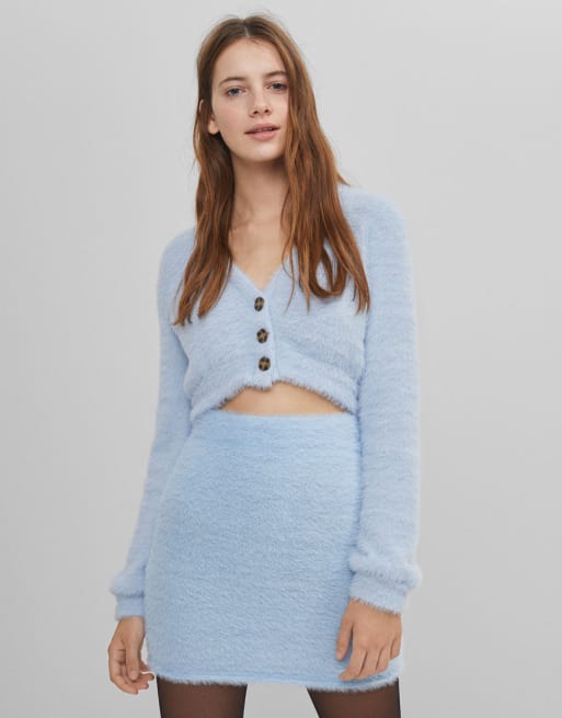 Bershka - Co-ord set - Pluizige minirok en vest in blauw