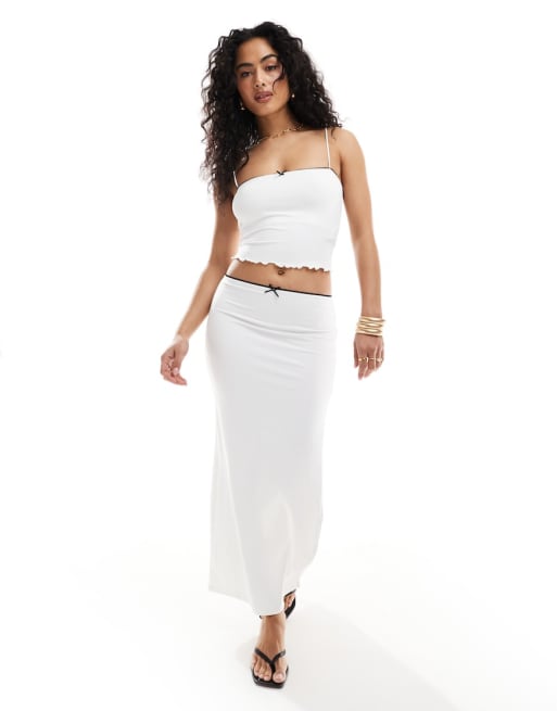 Bershka contrast trim bow detail strappy top and skirt co-ord in white