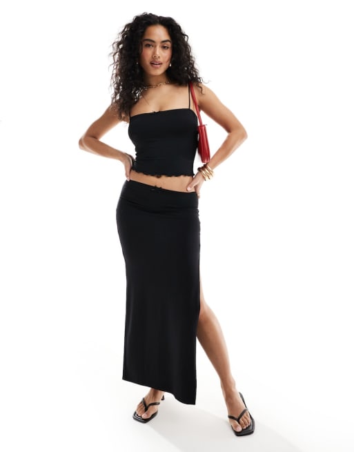 Bershka contrast trim bow detail strappy top and skirt set in black