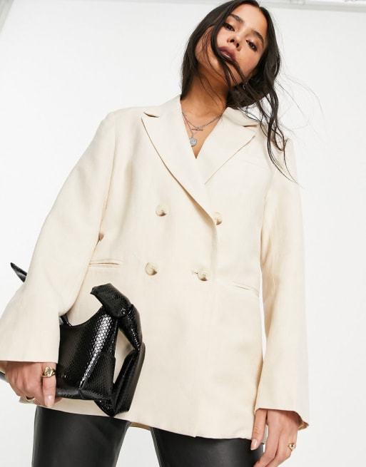 Bershka - Coordinato con blazer e pantaloni a fondo ampio in lino, colore beige