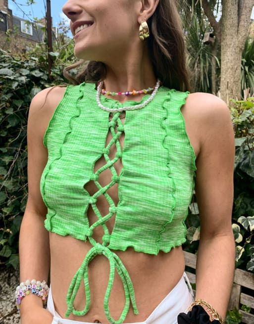 Bershka - Coordinato con crop top e pantaloni a zampa verde mélange