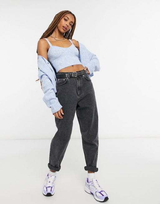 Bershka - Ensemble en maille avec gilet et caraco - Bleu pastel