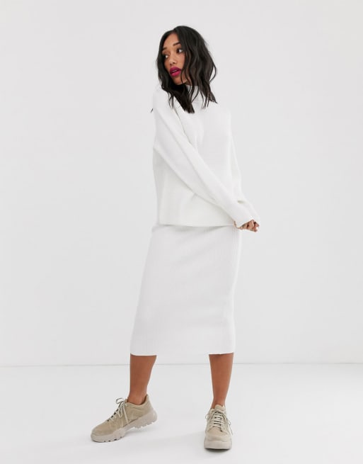 Bershka - Gebreide trui en rok in crème, combi-set