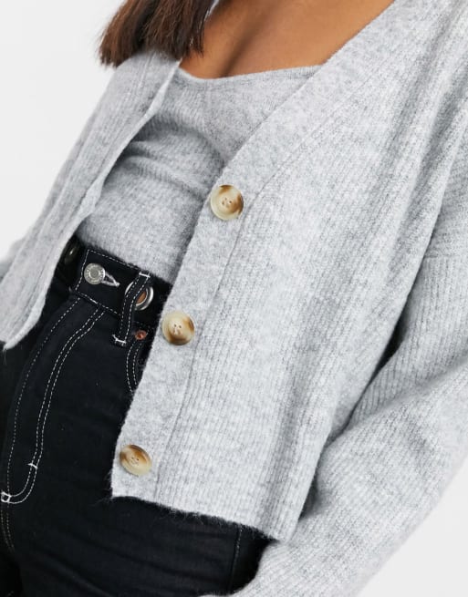 Bershka knitted cami and cardigan twinset in gray heather