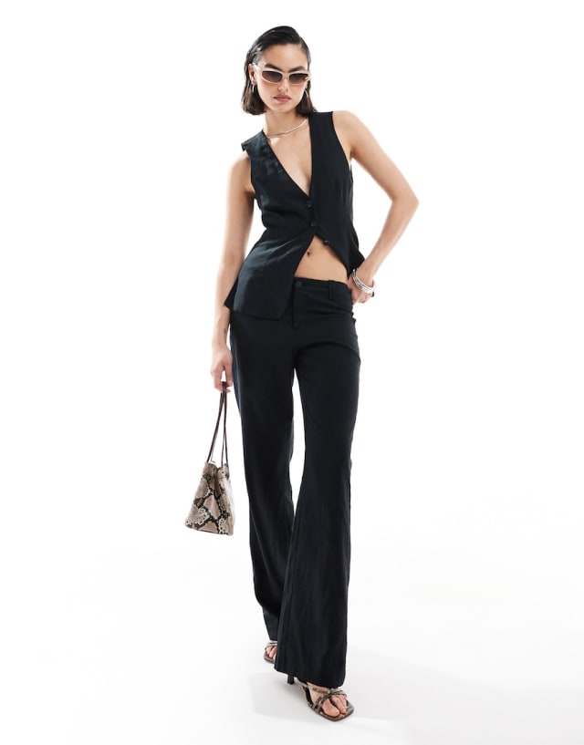 Bershka - longline linen waistcoat and low rise trousers co-ord in black