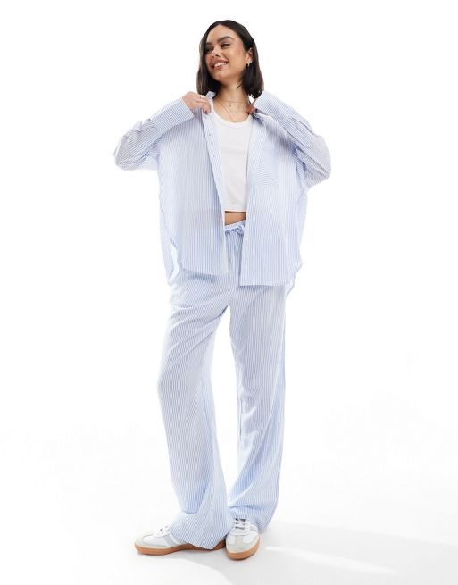  Bershka oversized shirt and trousers co-ord in light blue pinstripe