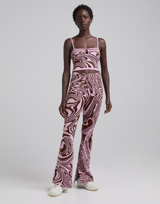 Bershka retro knitted bralet and pants set in pink swirl print
