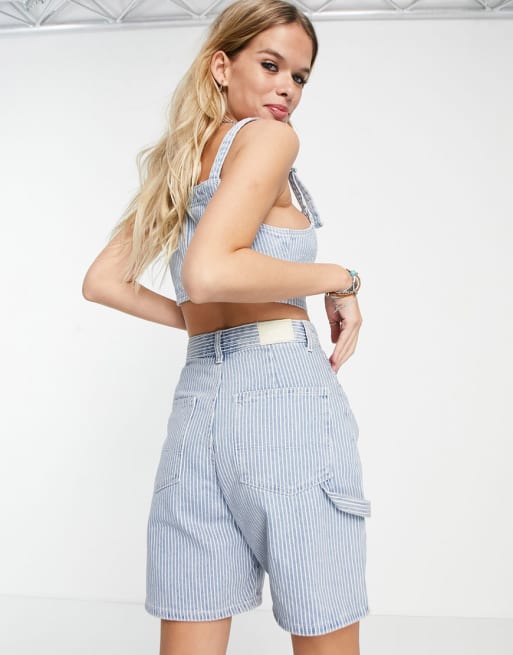 Bershka strap detail zip up top and carpenter detail bermuda shorts set