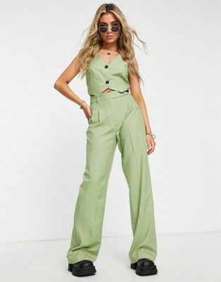 Bershka tailored double button waistcoat co-ord in soft green