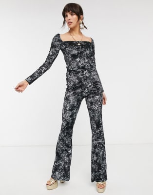 Bershka velvet crop top and flared pants two-piece in floral print