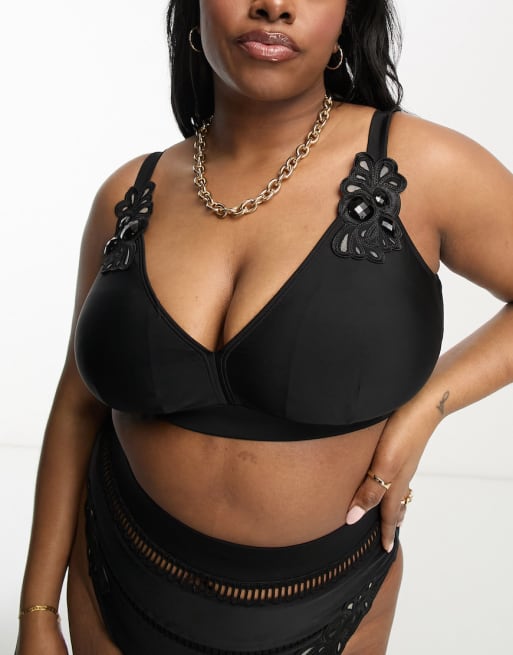 Bikini negro de talle alto con ribetes de encaje de River Island Plus