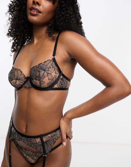 See Through Bra and Panties Underwear Floral Embroidery Langerie