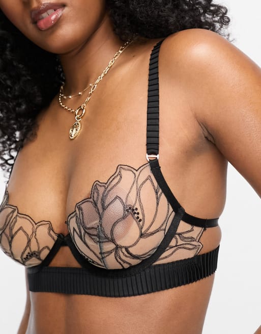 Bluebella Maia floral embroidered sheer lingerie set in black