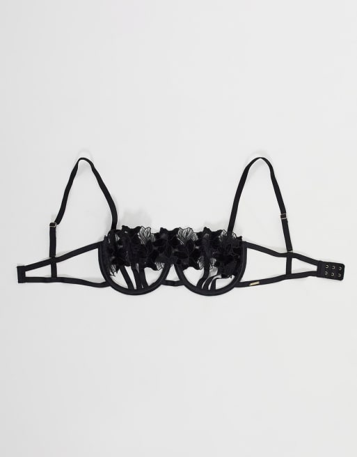 Bluebella Tallis open cup bra with velvet floral applique overlay in black