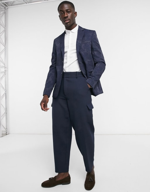 Bolongaro Trevor skinny fit jacquard satin finish suit in navy