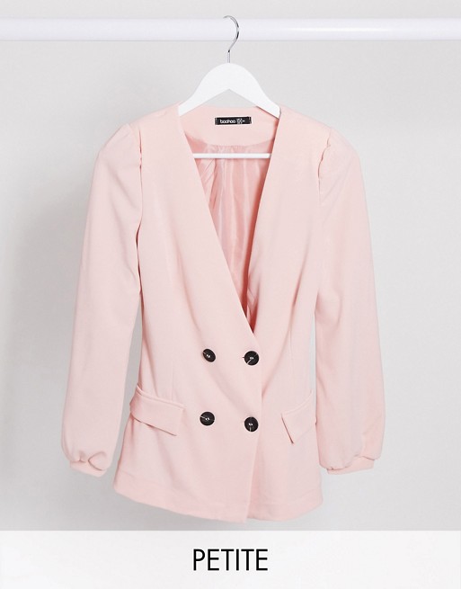 Boohoo Petite co-ord collarless blazer with button front in pink