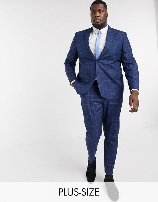 boohooMAN Big and Tall skinny fit windowpane check suit trousers in blue