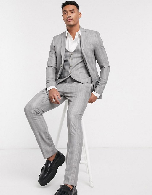 boohooMAN check skinny fit suit in grey