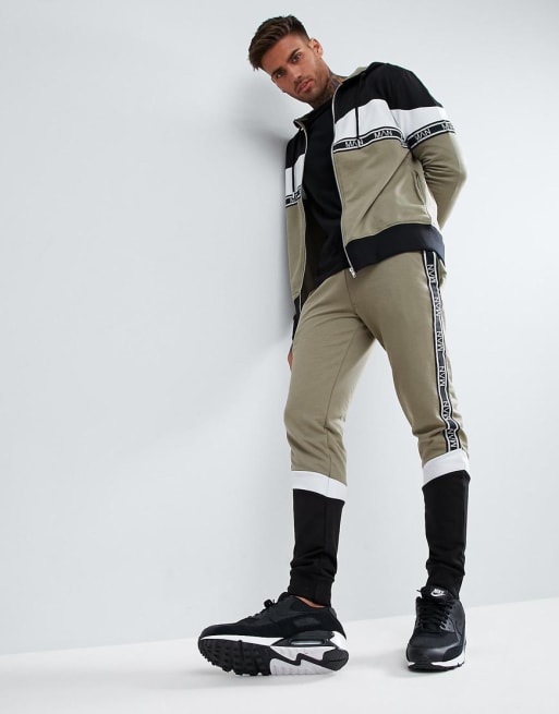 boohooMAN Tracksuit With Block Detail In Khaki | ASOS