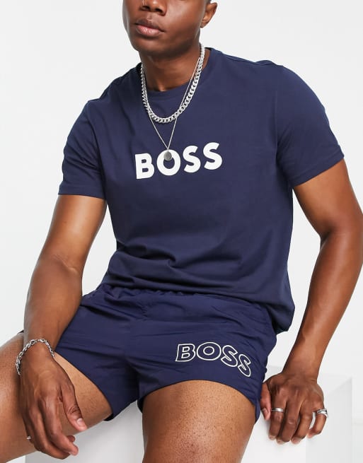 BOSS – Bademode – T-Shirt in Marineblau mit Logo auf der Brust – NAVY