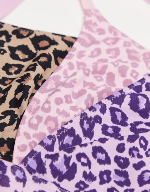 Brave Soul 3 pack microfibre lingerie set in yellow purple and pink leopard print