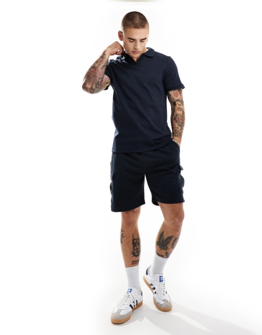 Brave Soul heavyweight textured polo short co ord in navy ASOS
