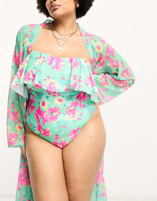 Brave Soul Plus – Grönt och rosablommigt set med baddräkt och kimono