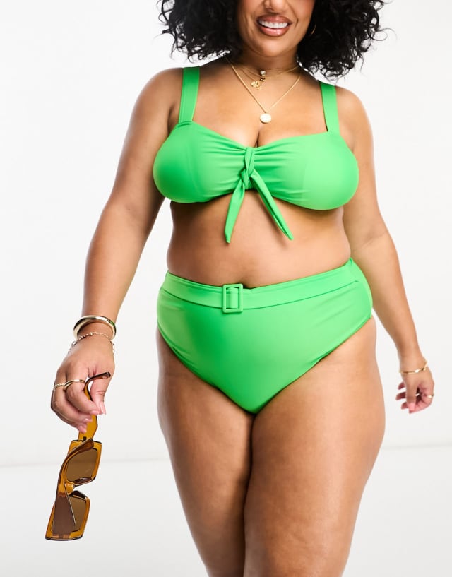 Brave Soul - plus tie front bikini top and belted bikini bottom in green