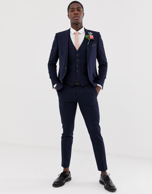 Burton Menswear - Bruiloft - Skinny kostuum met marineblauwe strepen