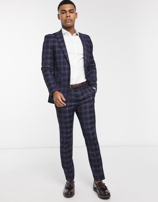 Burton Menswear – Granatowy garnitur o obcisłym kroju w kratę