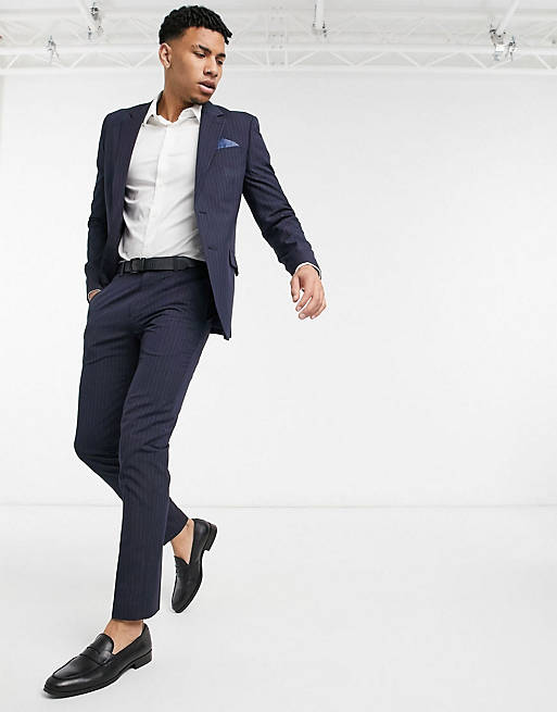 Burton Menswear pinstripe slim fit suit jacket, waistcoat and pants in navy