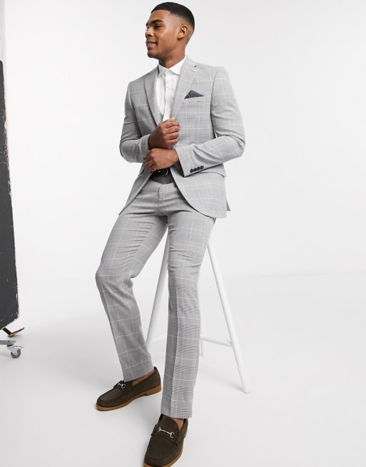 Burton Menswear - Smal kostuum met ruitpatroon in grijs/roze