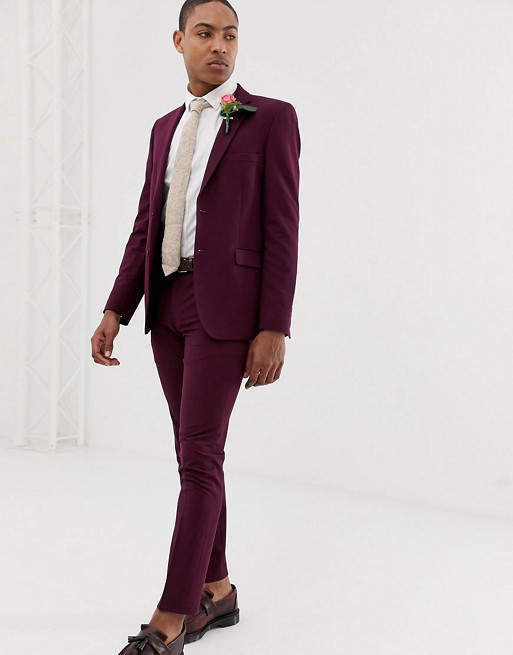 Burton Menswear wedding skinny fit stretch suit in raspberry