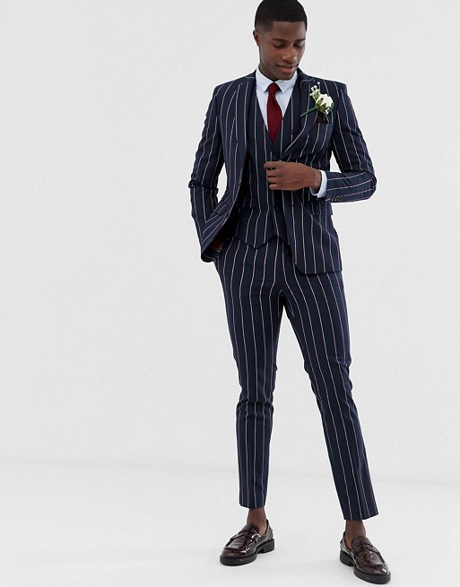 Burton Menswear wedding skinny suit in burgundy and navy stripe