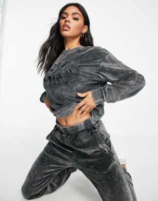 Calvin Klein Jeans co ord velvet sweatshirt and jogger in ice