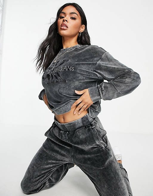 Calvin Klein Jeans velvet sweatshirt and trackies set in ice black | ASOS