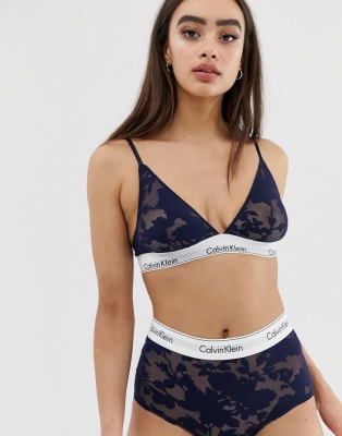 Calvin Klein Floral Semi-sheer Lace Bralette in Black