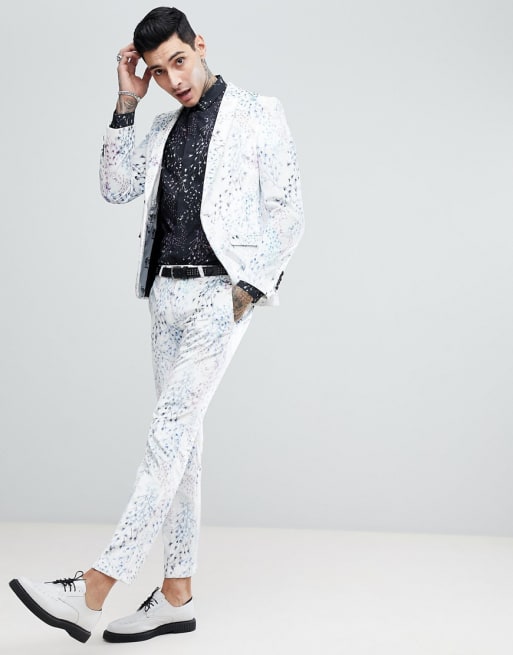 Chaqueta de traje muy ajustada en terciopelo estampado blanco de Noose & Monkey