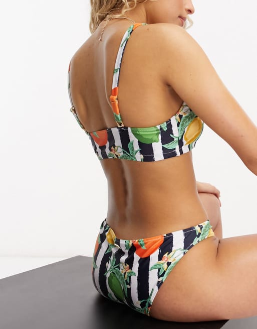 COLLUSION high thigh swimsuit, bikini & skirt in tropical fruit print