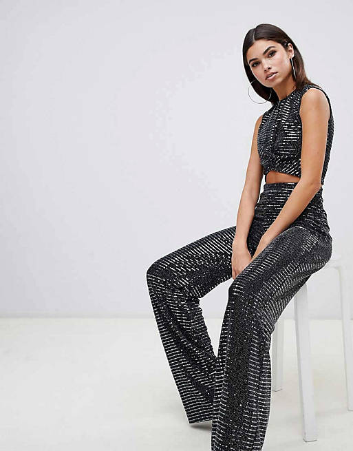Club L sparkle crop top & wide leg pants two-piece in navy
