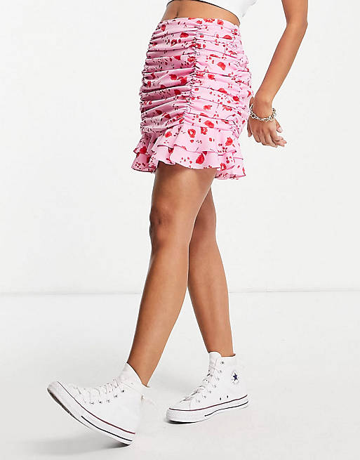 Collective the Label exclusive ruched flippy mini skirt co-ord in pink and red floral
