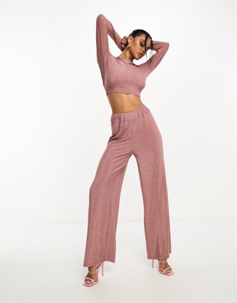 Two-piece Set of Open Back Blouse and Jersey Pants