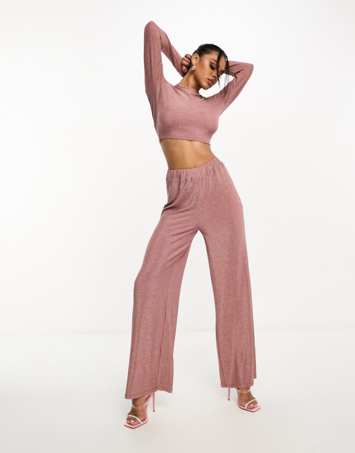 Collective the Label metallic knit top and trousers co-ord in rose